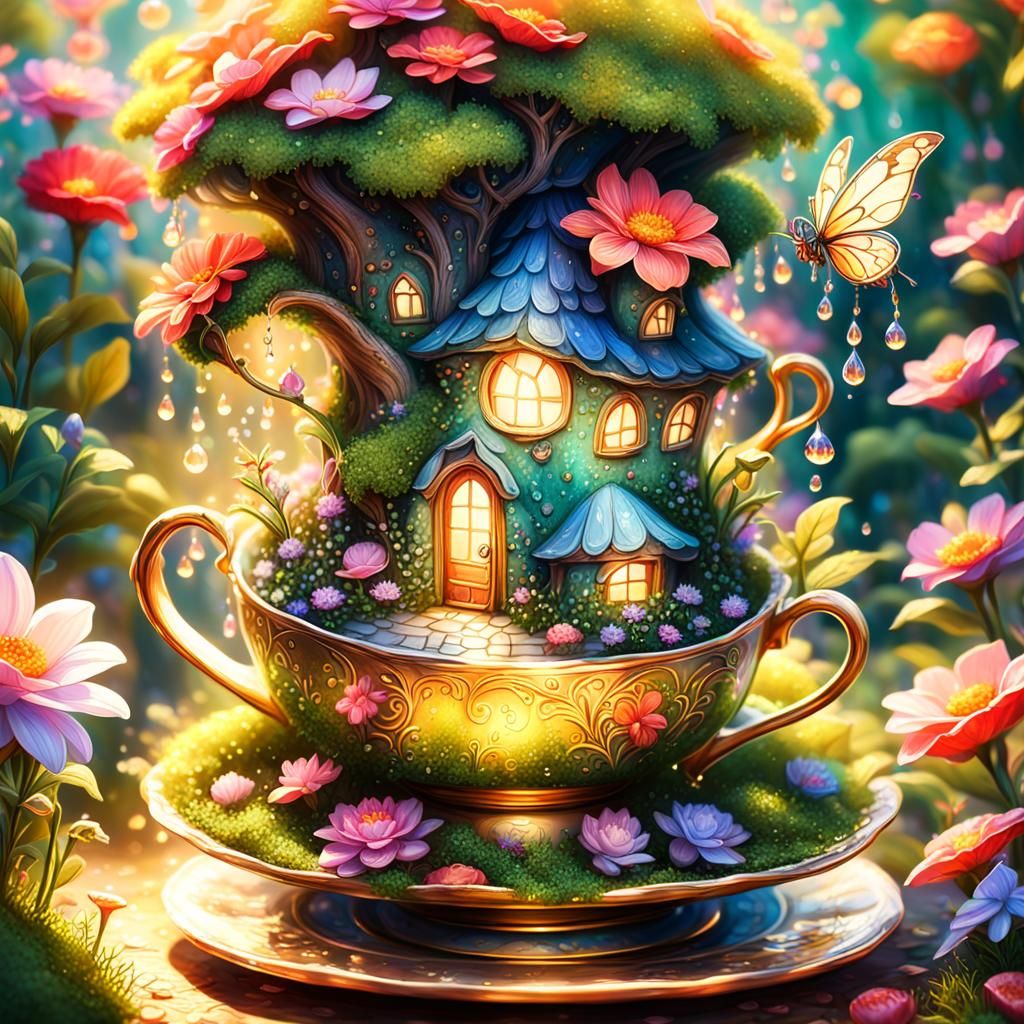 Whimsical Fairy Home in a Teacup as Vibrant Oil Painting