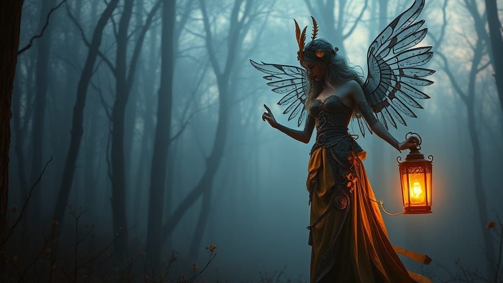 Steampunk Angel in a Dreamlike Forest with Golden Twilight