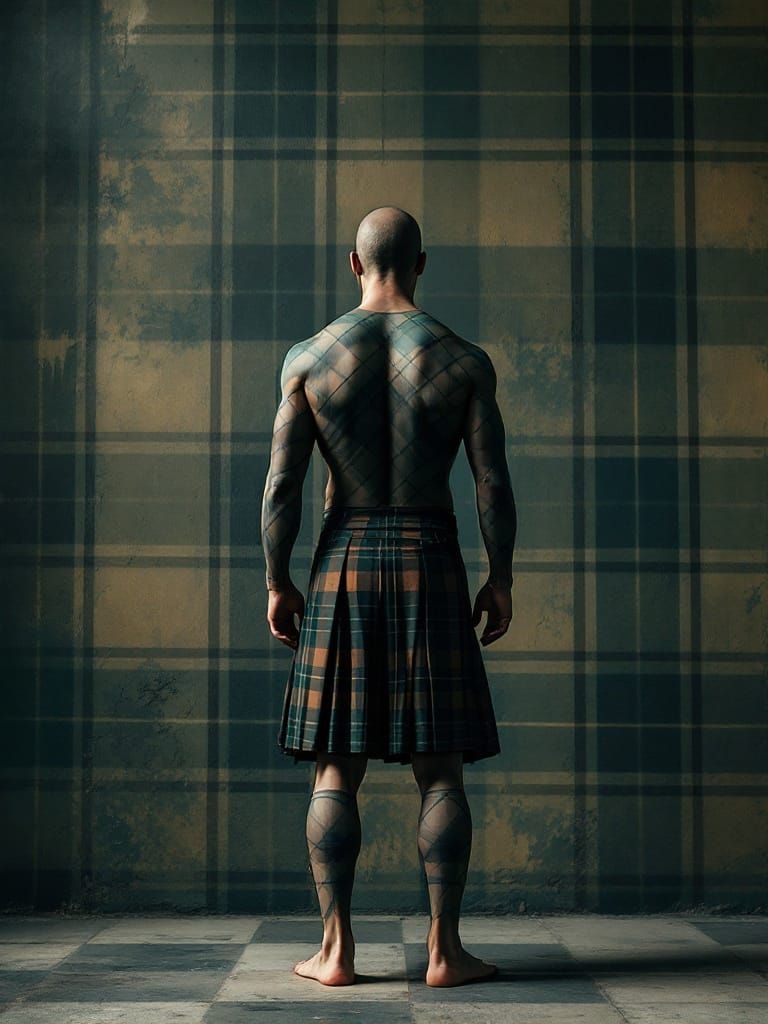 Man Blends into Scottish Tartan Wall Painting