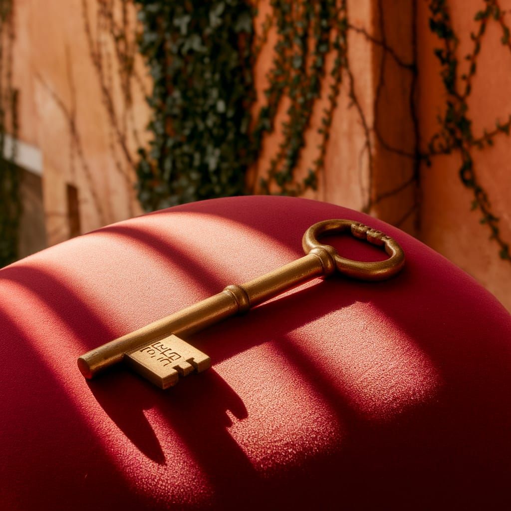 Antique Gold Key on Crimson Velvet in Sunlight