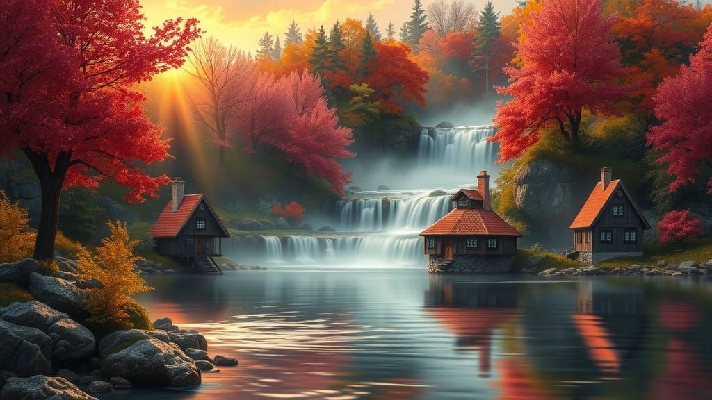 Autumnal Waterfall Scene with Fantasy Houses
