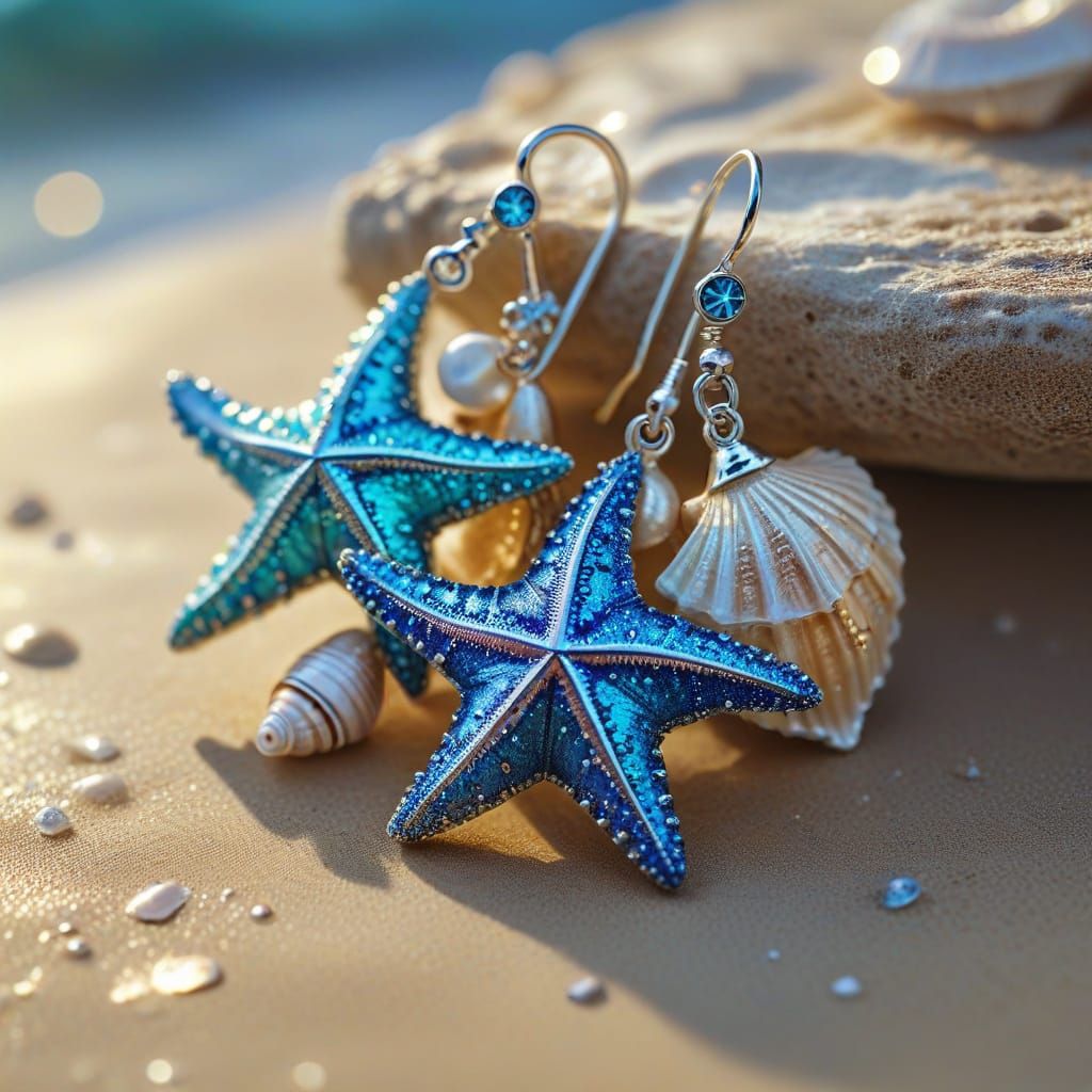Ocean-Inspired Silver Earring with Starfish and Seashells