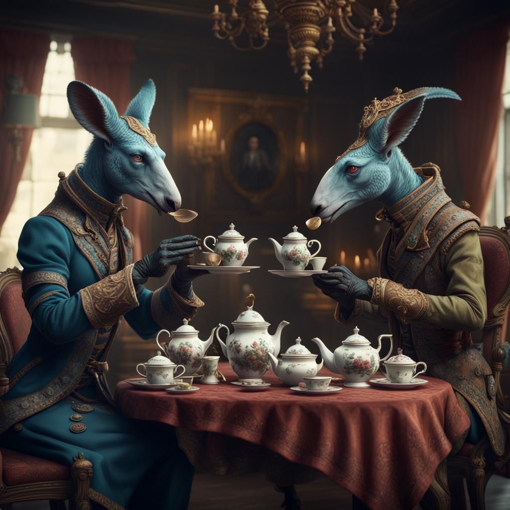 Humanoid animals having tea dressed like victlrians