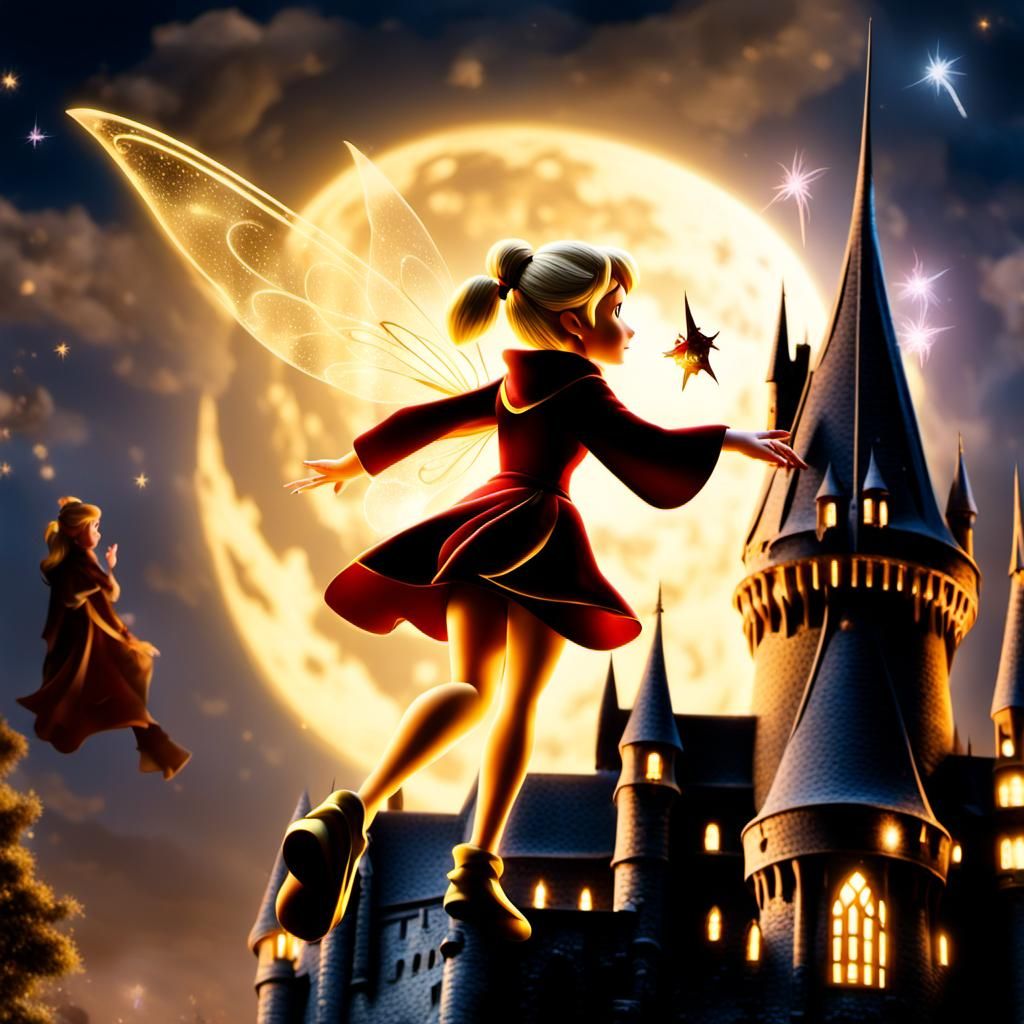 Tinkerbell in Photorealistic Hogwarts Robes Flying Over Cast...