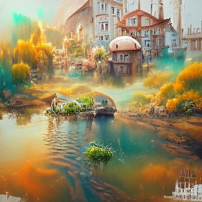 Surreal Sci-Fi Oasis in Harmony with Nature, Whimsical Water...