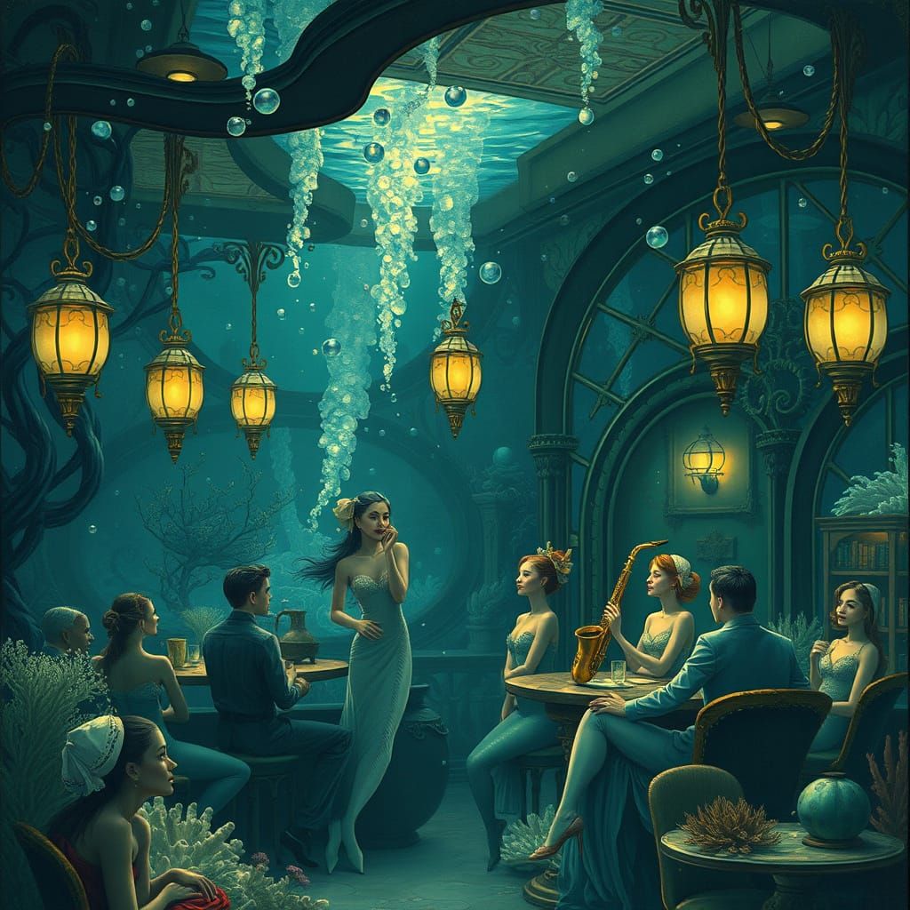 Underwater Jazz Club with Merfolk in Art Nouveau Style