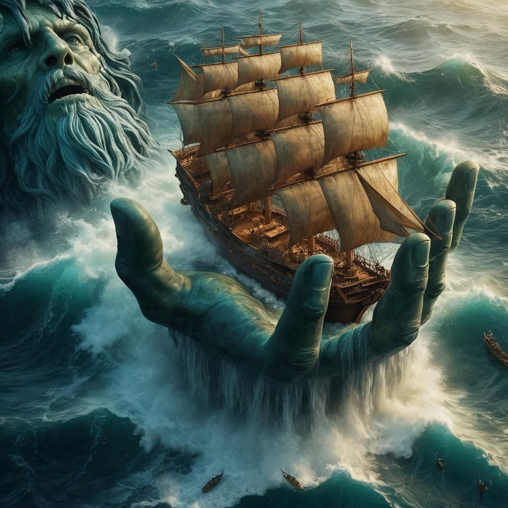 Mighty Aquatic Deity Hefts Pirate Ship