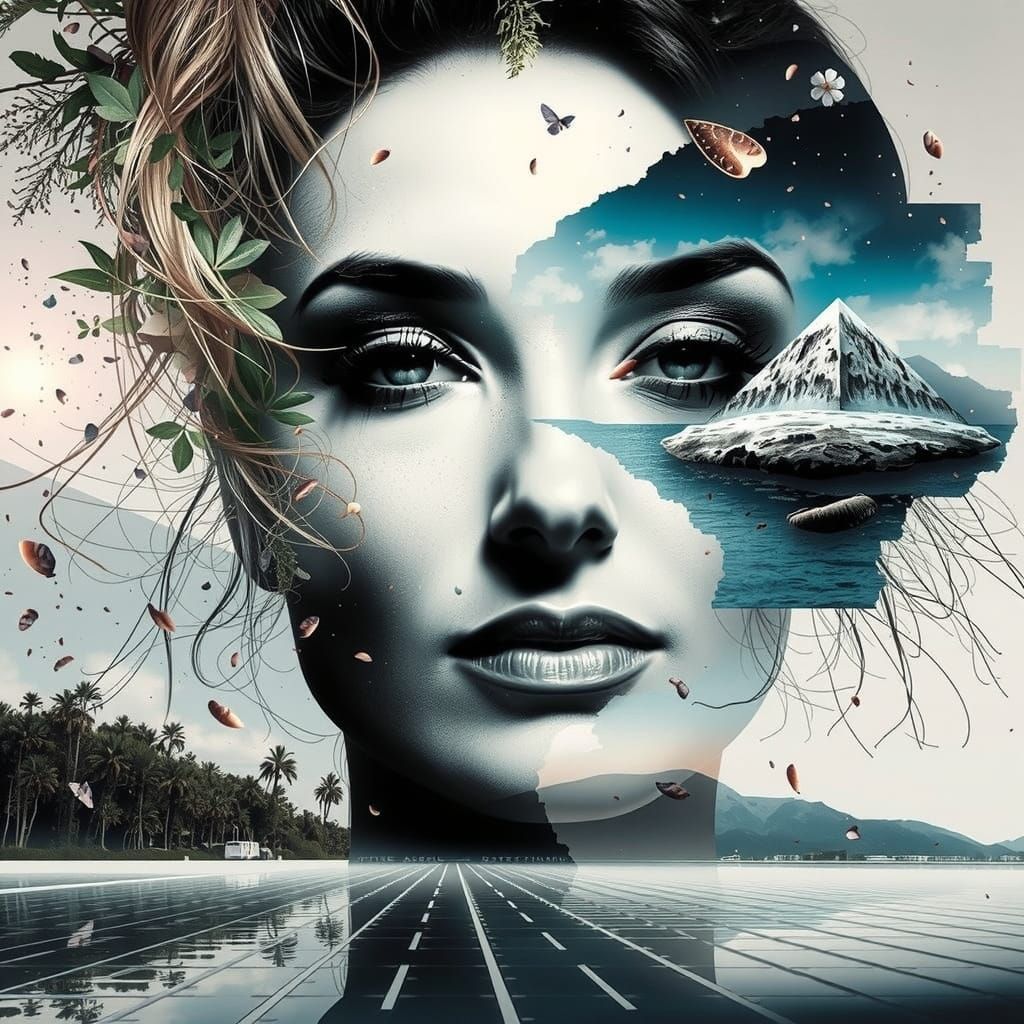 Surreal Woman's Face Dissolving into Nature