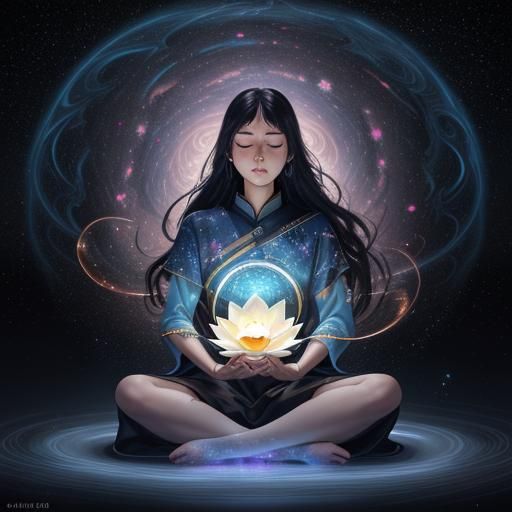 Stunning Female Figure Meditates Amidst Cosmic Background in...