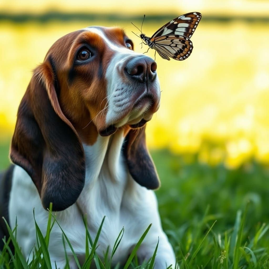 Basset Hound's Gentle Curiosity with Butterfly