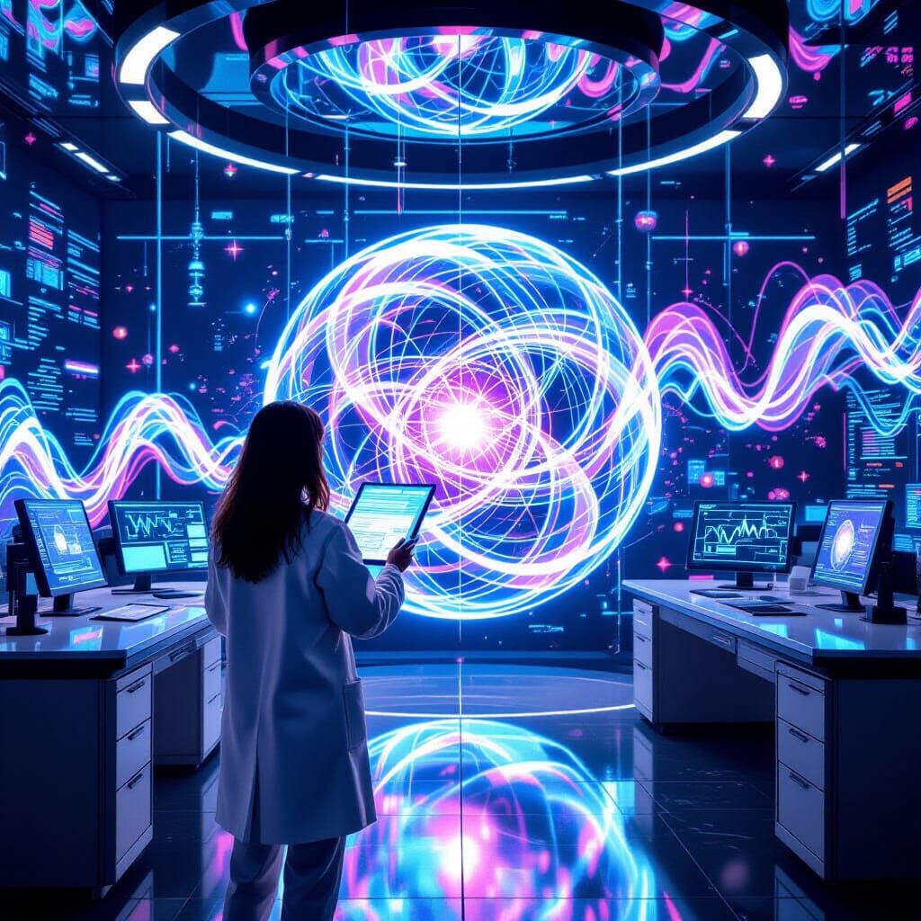Futuristic Lab: Woman Studies Intersecting Manifolds in Neon...