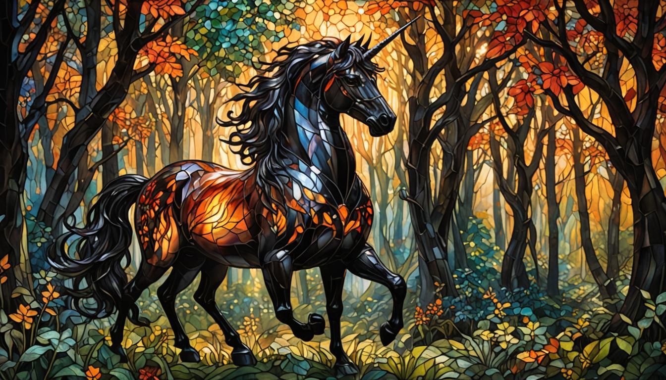 Fiery Black Unicorn in Stained Glass Style