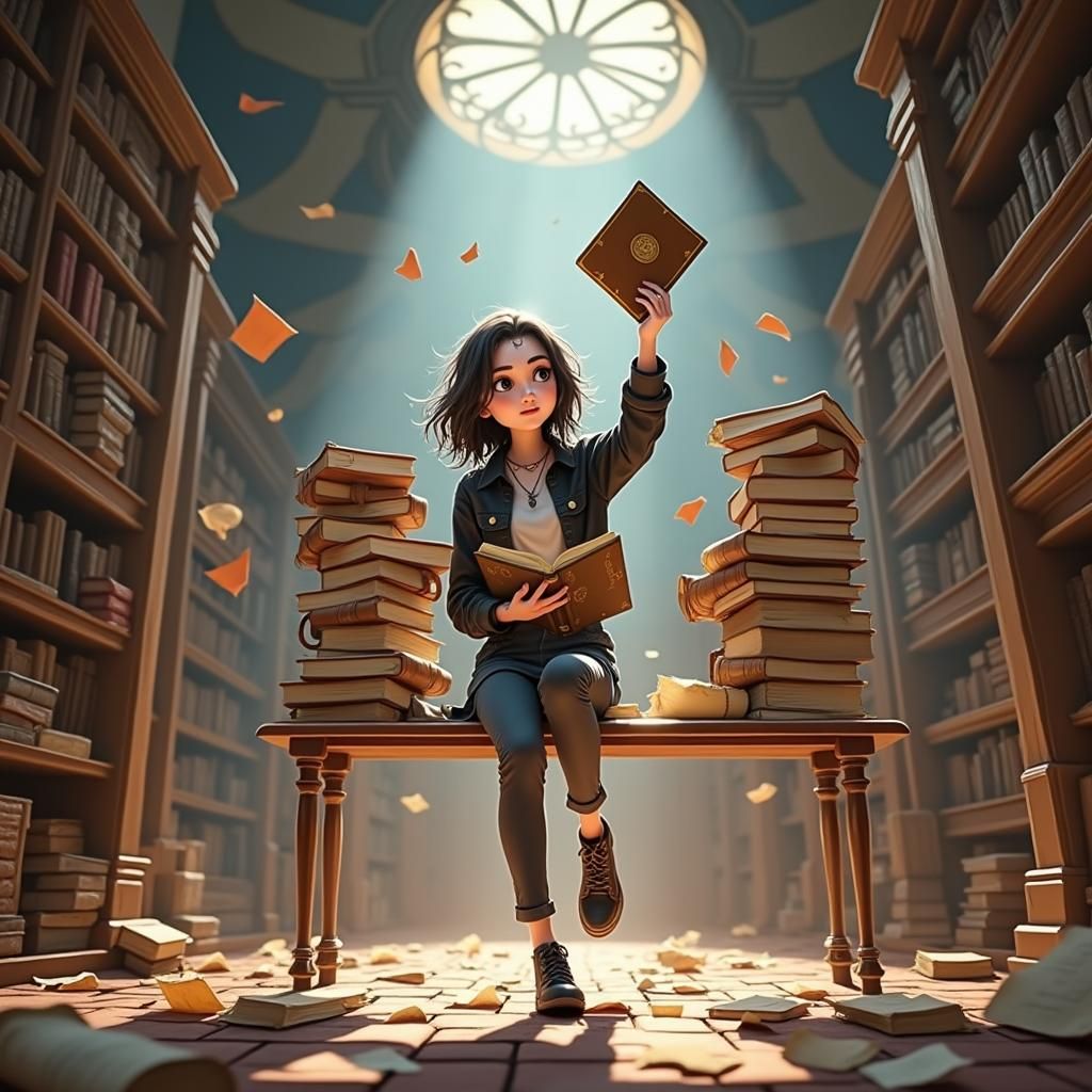 Goth Student Lost in Ancient Tomes Amidst College Library