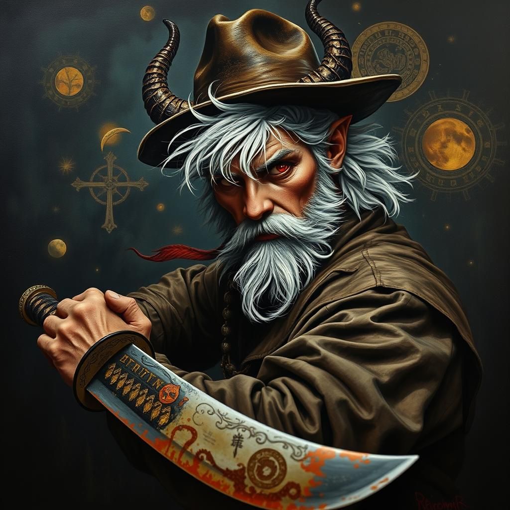 Half-Demon Warrior Over Mysterious Landscape with Gothic Und...