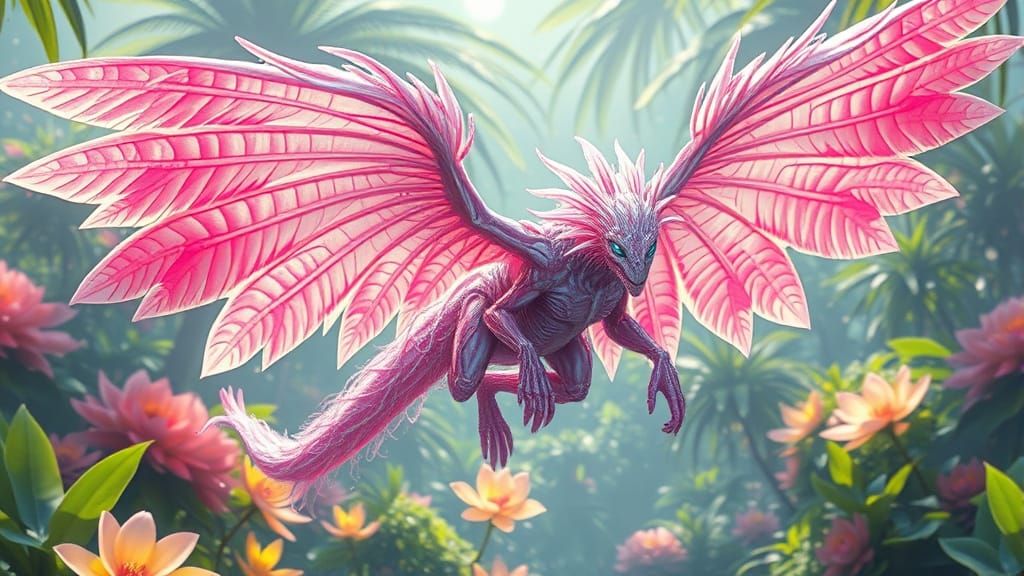 Iridescent Winged Creature in Lush Paradise