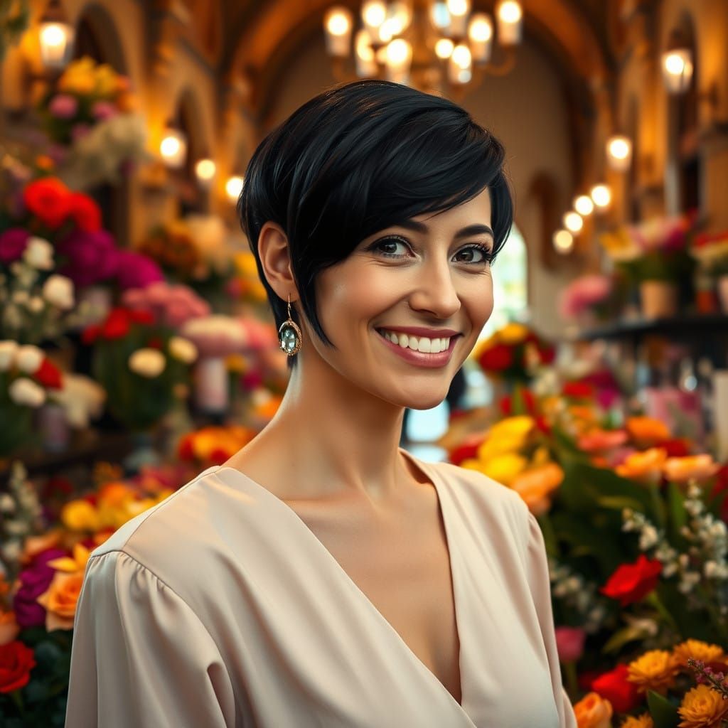 Renaissance Woman Surrounded by Vibrant Flowers in Medieval...