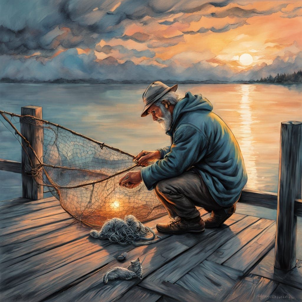 Fisherman Mends Net at Dawn with Kitten, Charcoal Art