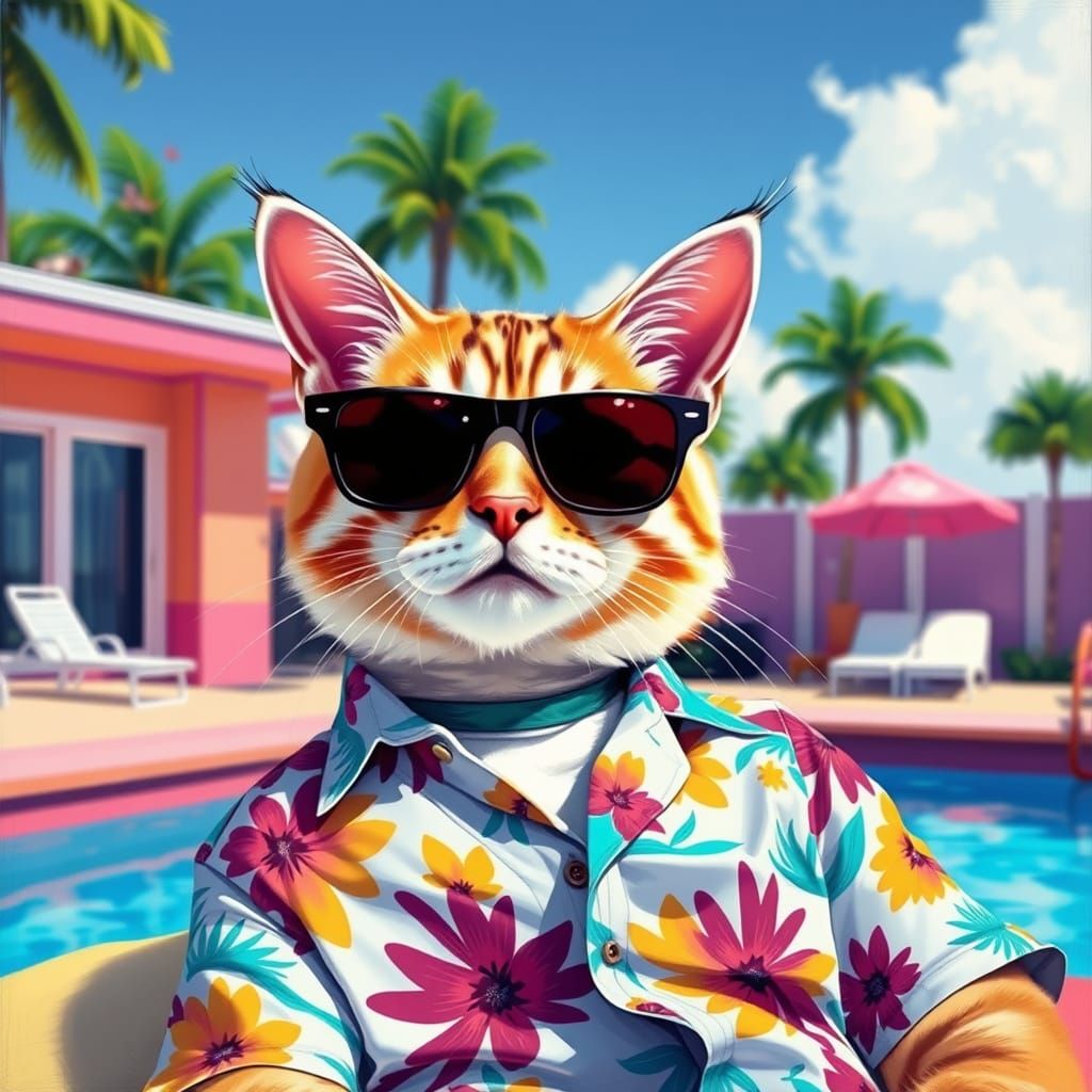 Cool Cat Lounging Poolside in Hockney Style