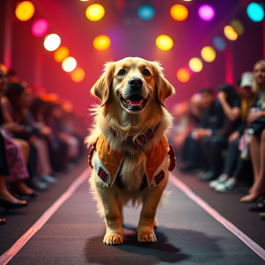 Golden Retriever Struts Runway in Cinematic Fashion Show