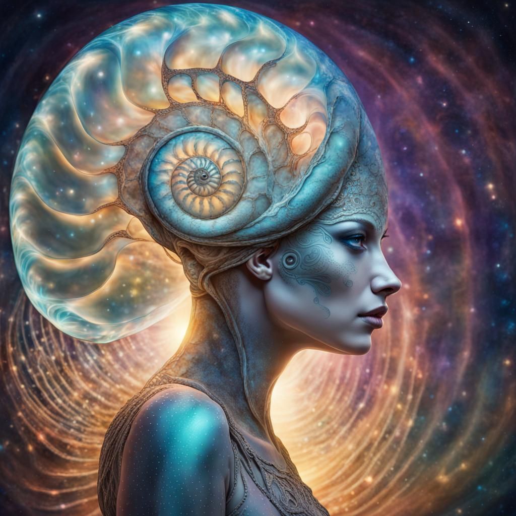Surreal Cosmic Goddess Emerges from Radiant Shells
