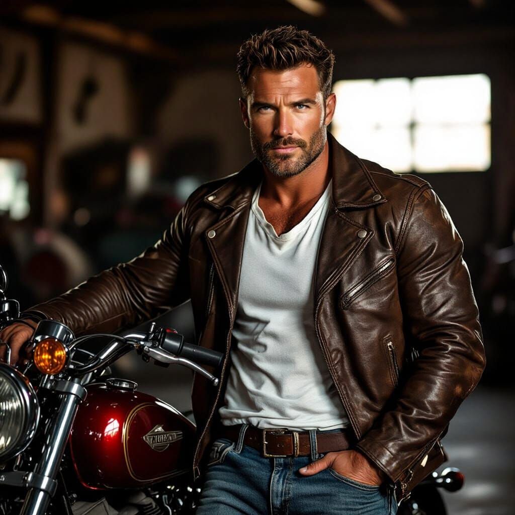 Man on Motorcycle in Film Noir Style