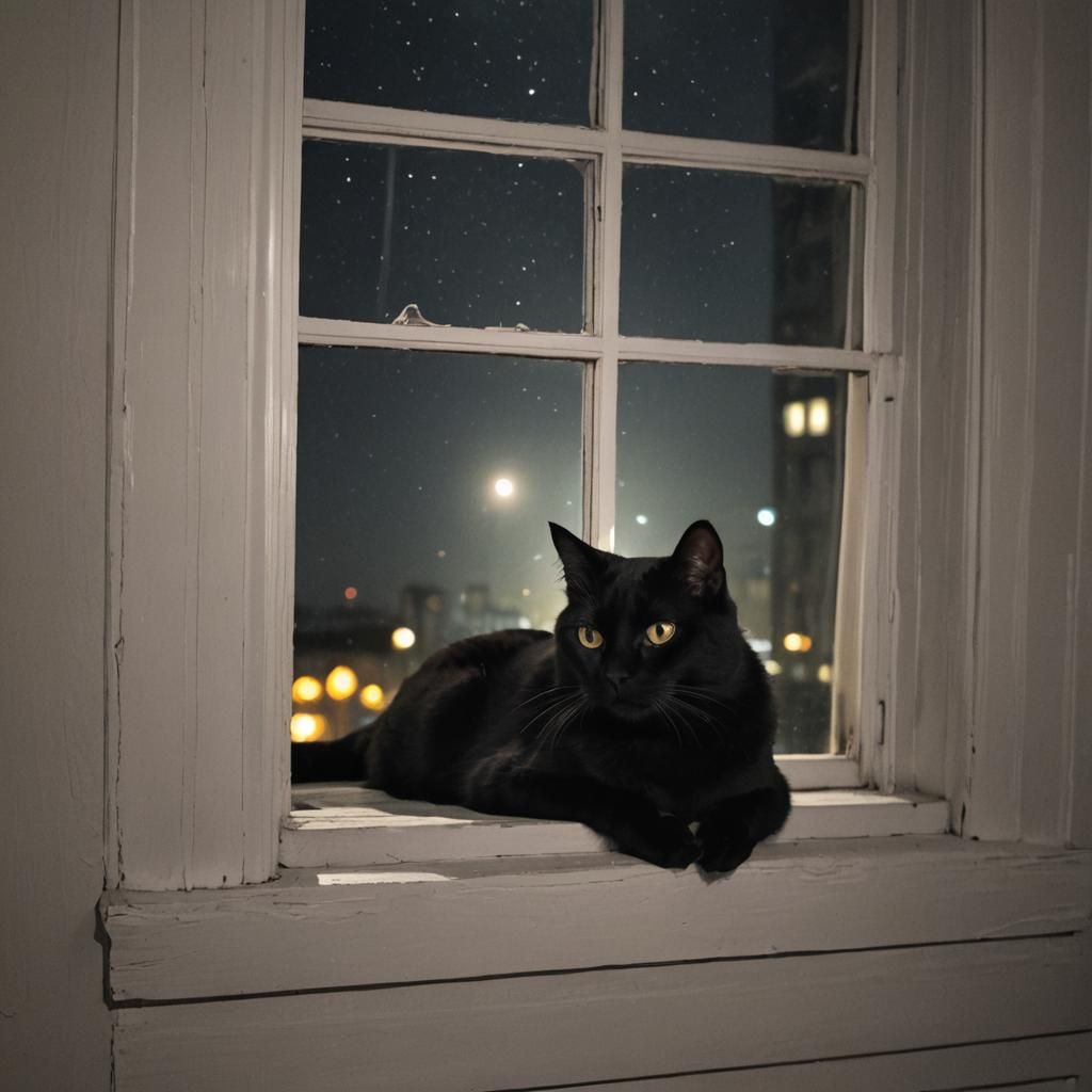 Moonlit Feline Serenity in a Window