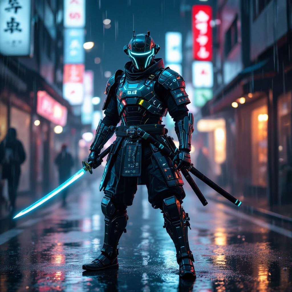 Cyber Samurai in Neon Rain Tokyo Street