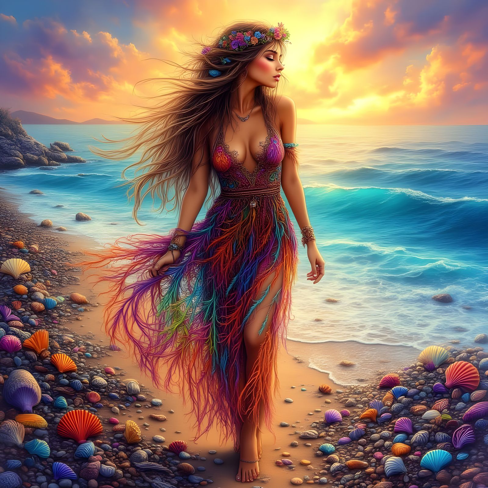 Bohemian Woman on Beach at Sunset