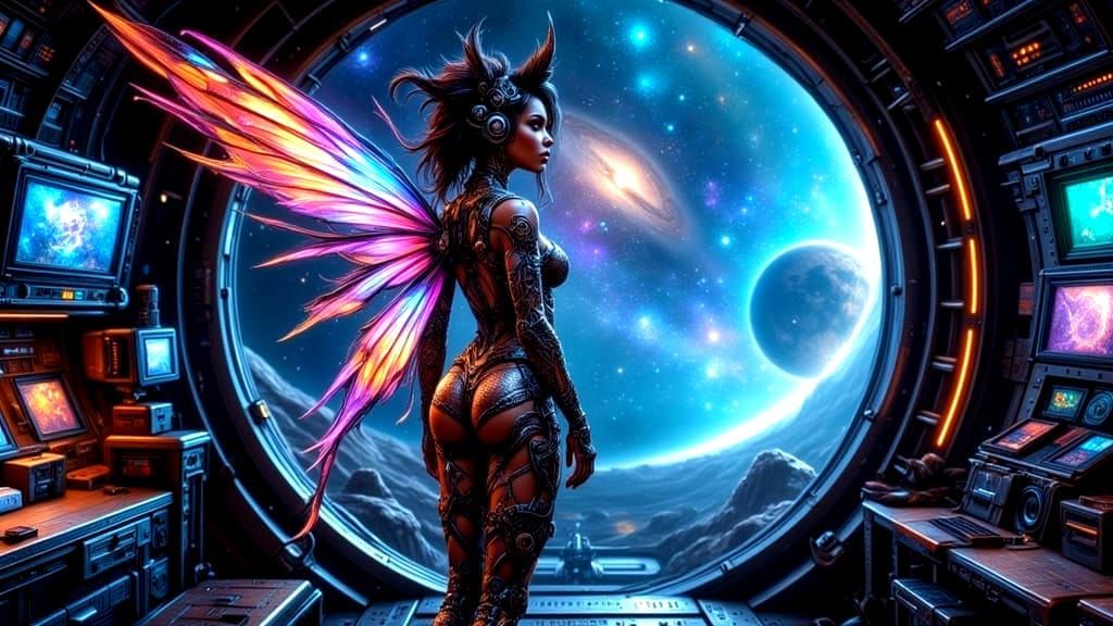 African Cyborg Fairy Punk Astronaut in Retro Rocket