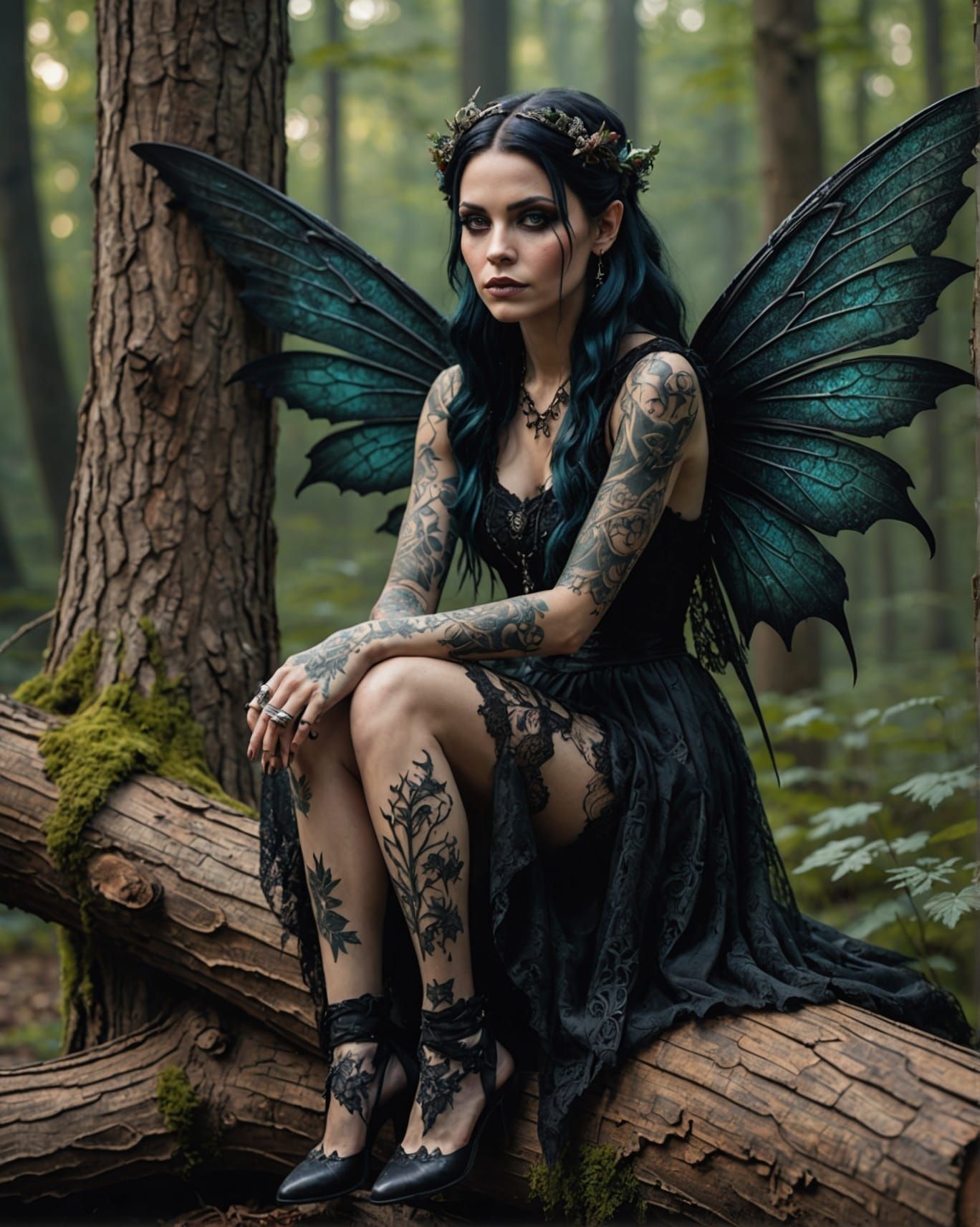 Gothic Fairy with Intricate Tattoos in a Moody Forest Settin...