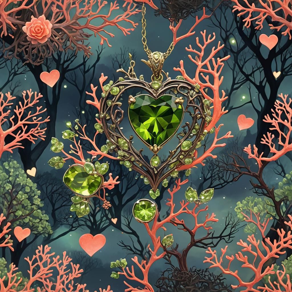 Surreal Peridot Heart Shines in Twilight Coral Hues