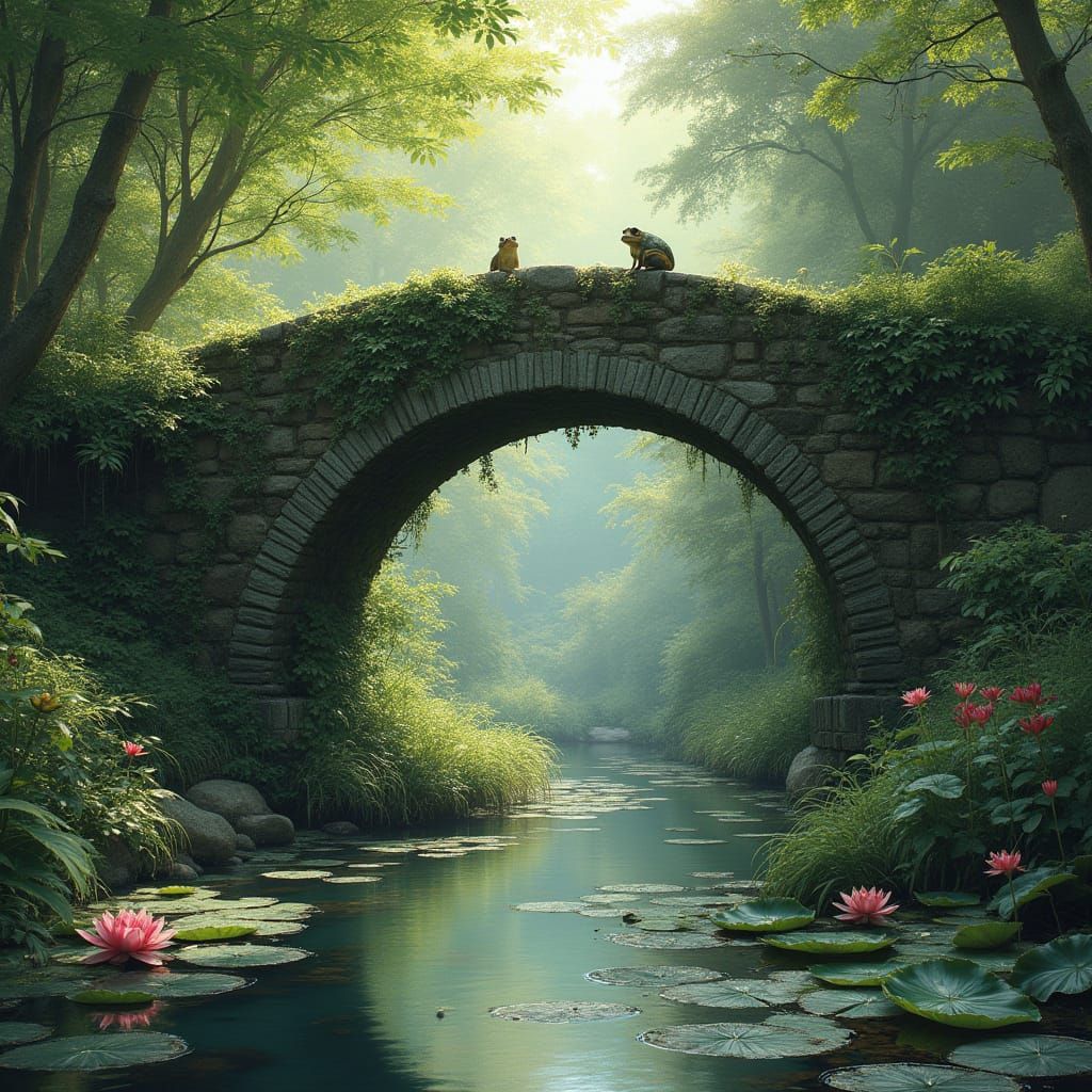 Moss-Covered Bridge in Whimsical Landscape