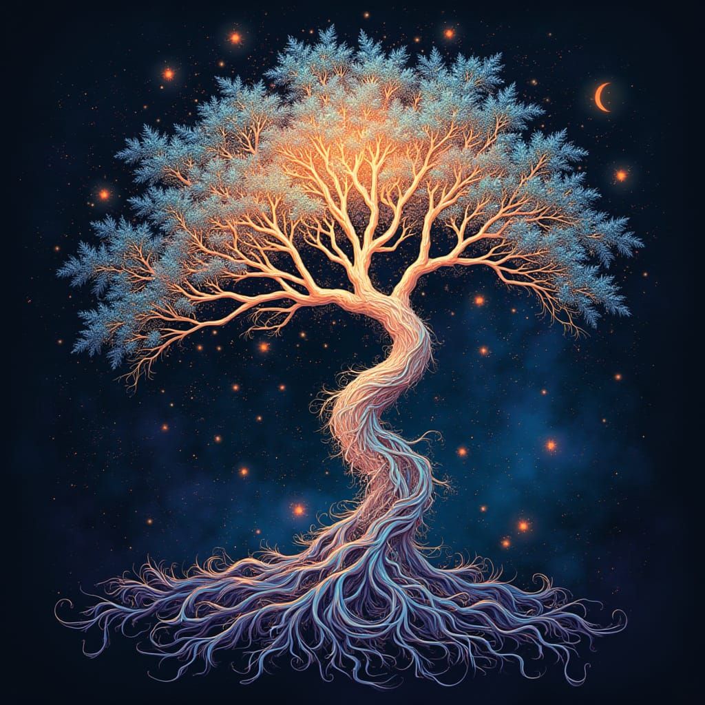 Ethereal Tree with Iridescent Branches and Fractal Patterns