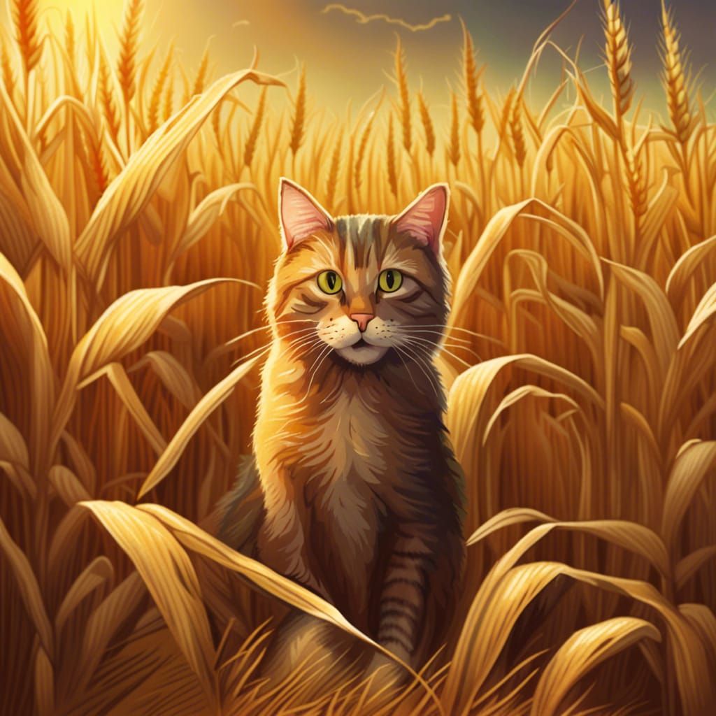 Whimsical Cat in a Sunny Cornfield Storybook Scene