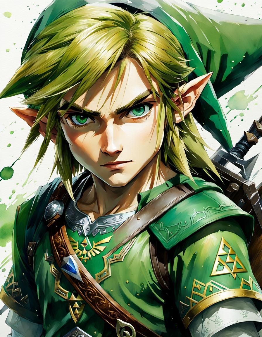 Young Link in Epic Watercolor Manga Style