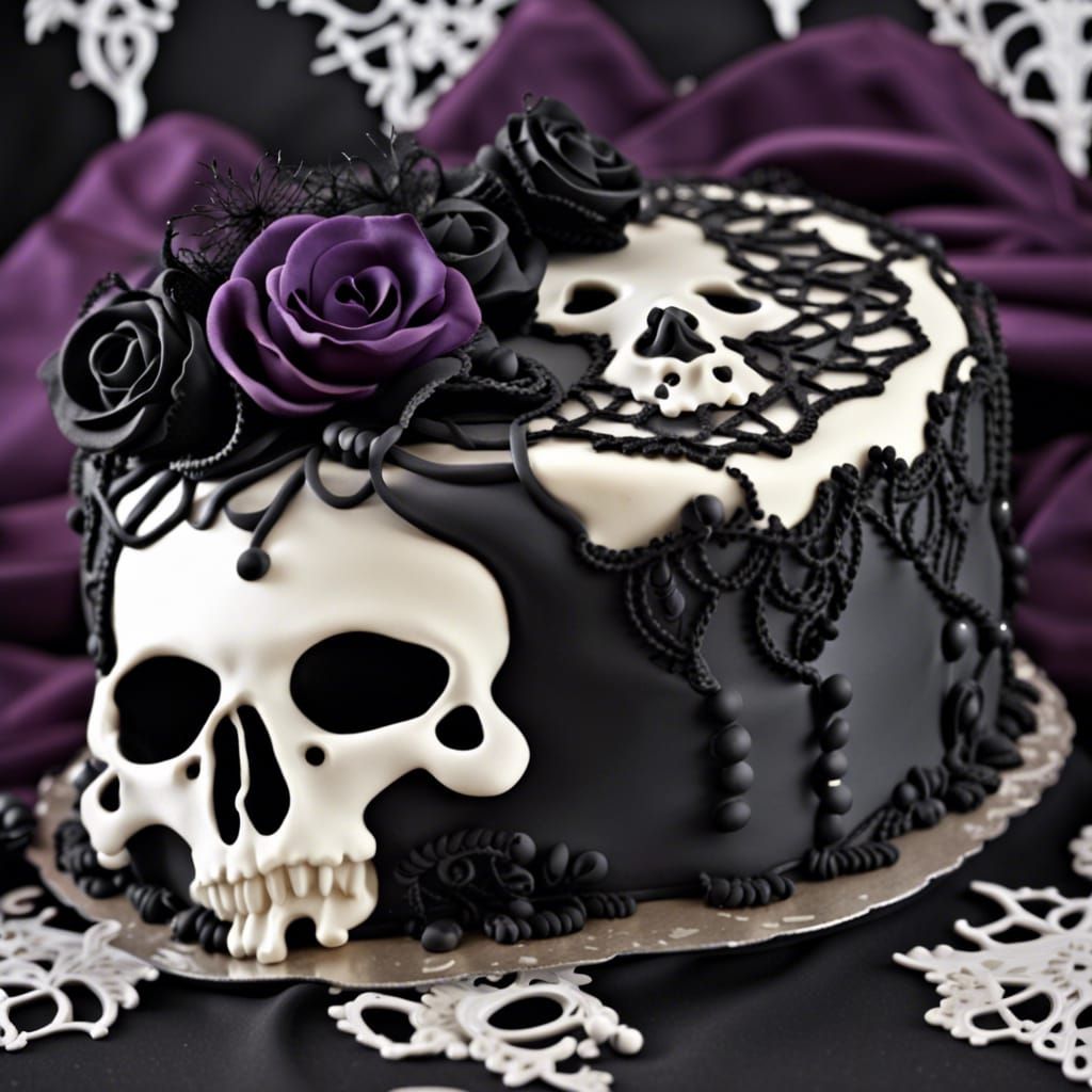Dark Victorian Gothic Cake with Purple Lace and Skull