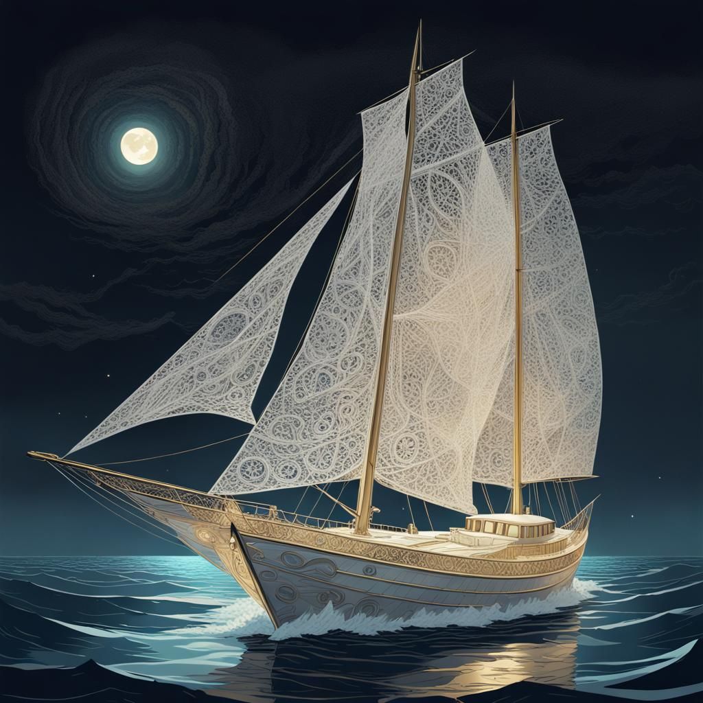 Lace white gold metallic sailing boat in the middle of the ocean during night