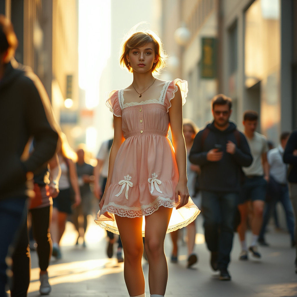 Androgynous Youth in Whimsical Dress, Surrounded by City Lif...