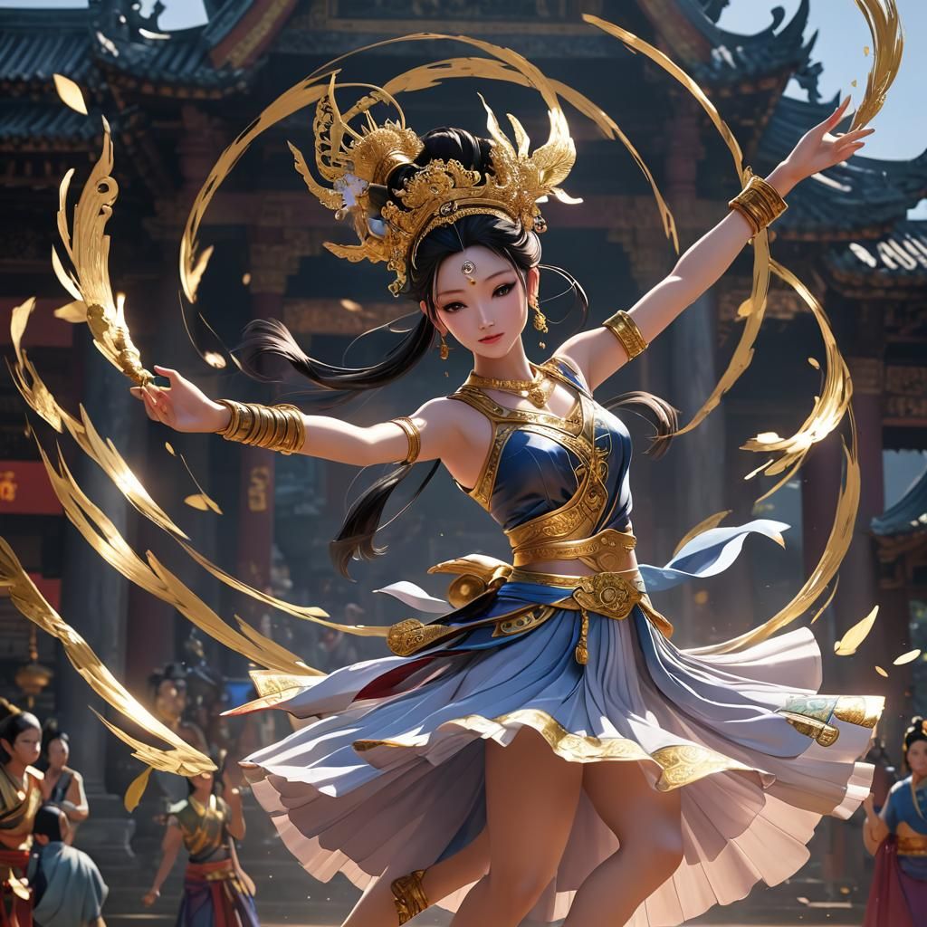 Anime Goddess Dances in Dreamlike Temple Setting