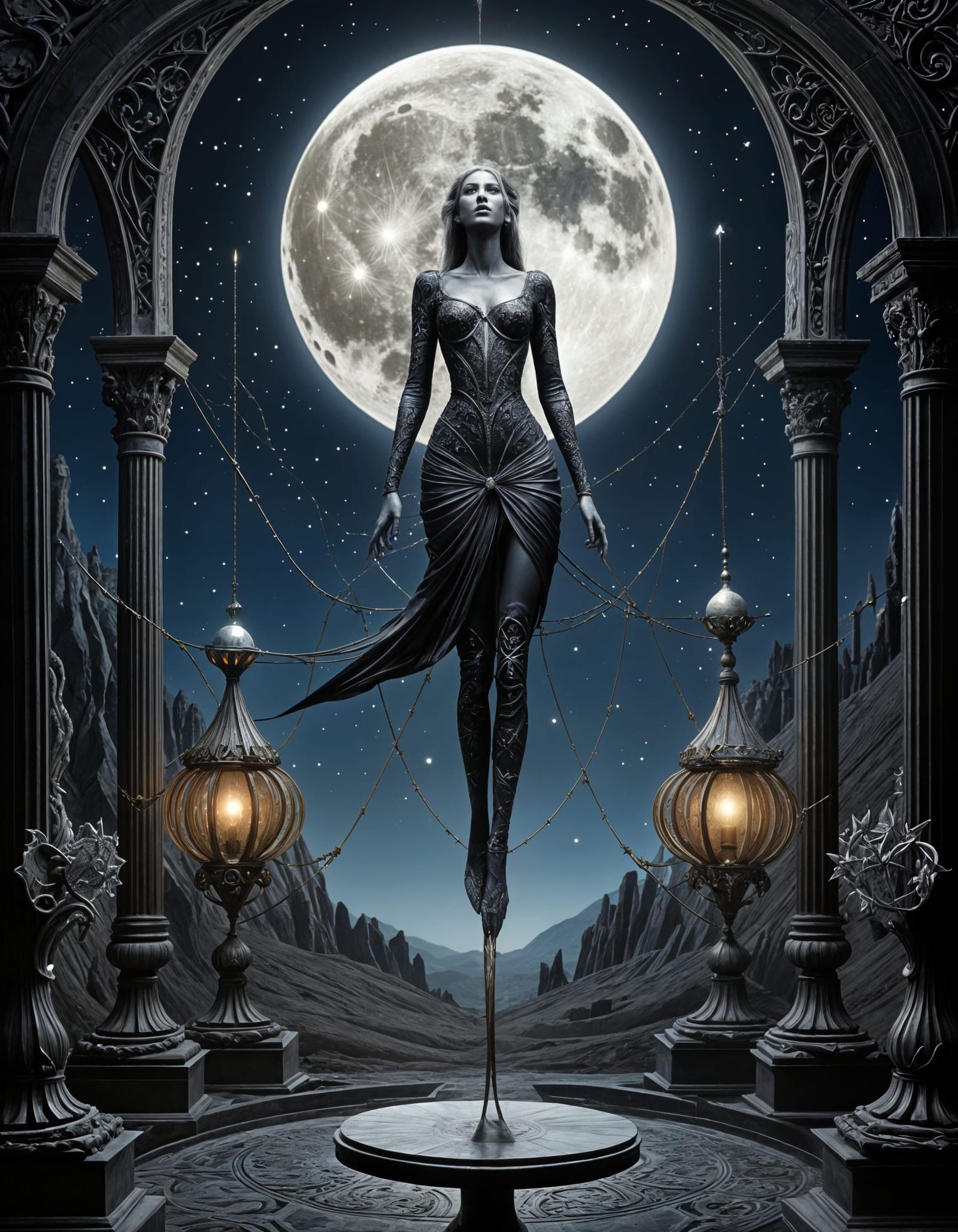 Dramatic Supermodel Moon with Botanical Gothic Details