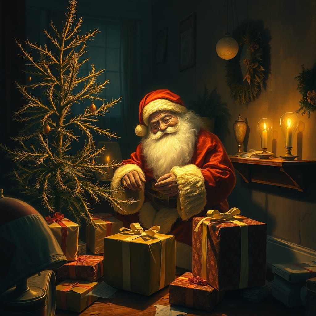 Nostalgic Christmas Scene with Santa Claus in Low-Rent Tenem...