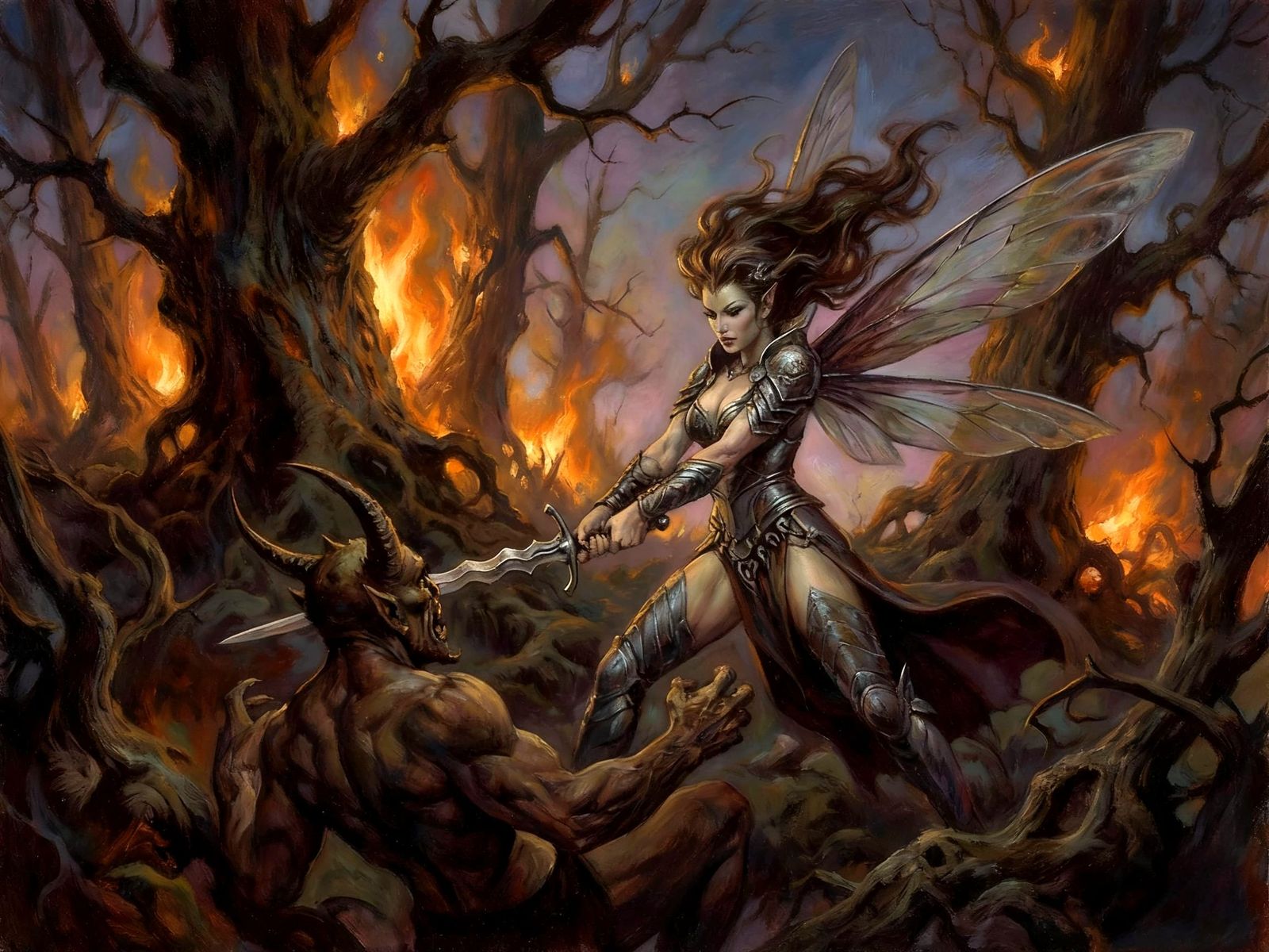 Fae Warrior Battles Demonic Foe in Fantasy Illustration