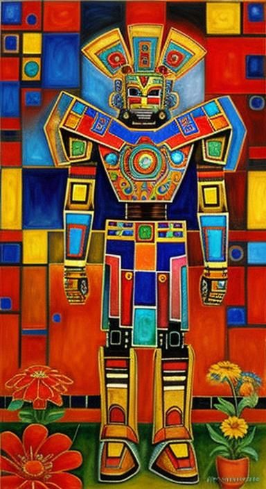 Geometric Aztec Oil Gouache Patterns in Minimalist Robot Sty...