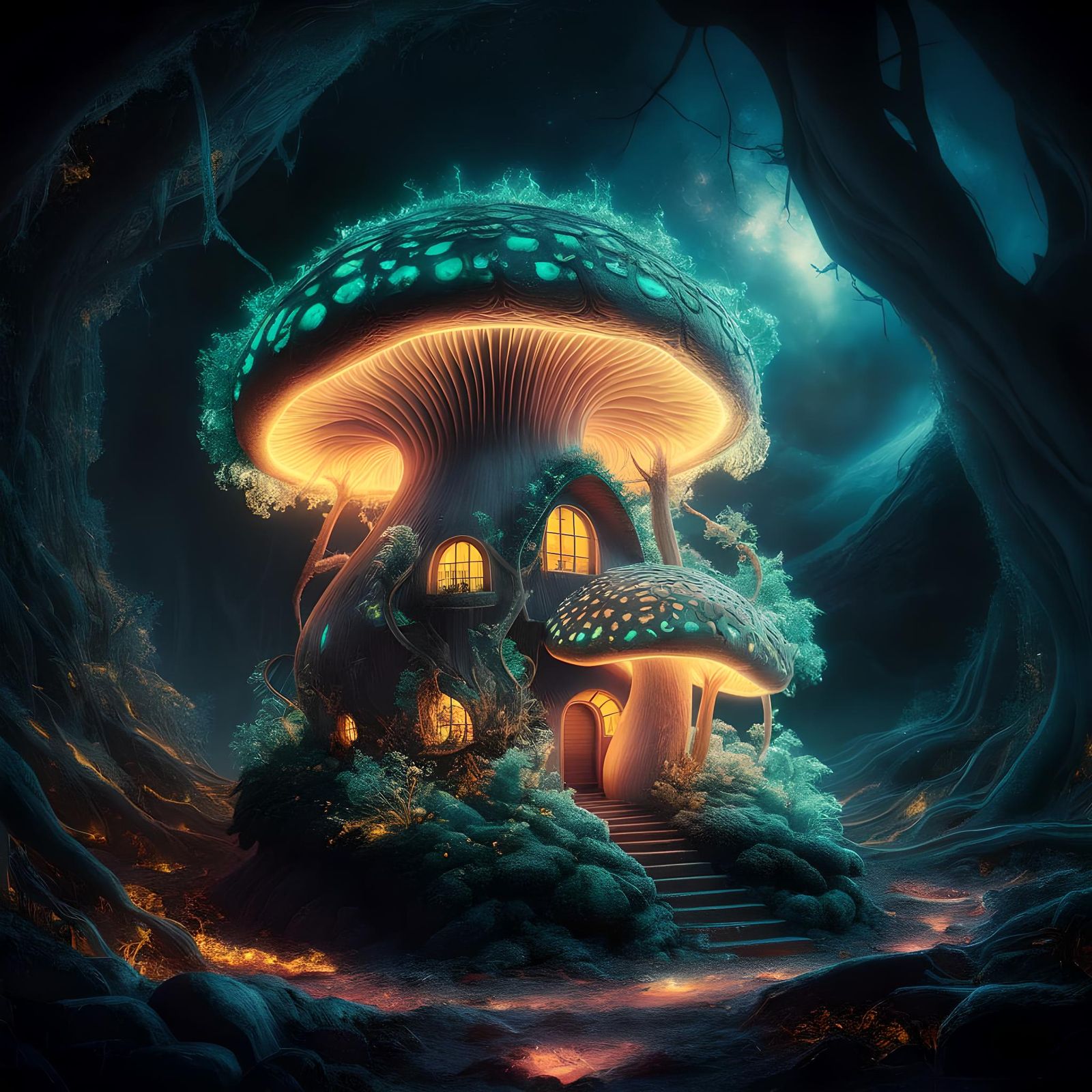 Ethereal Bioluminescent ForestScene in Holographic Cosmic Il...