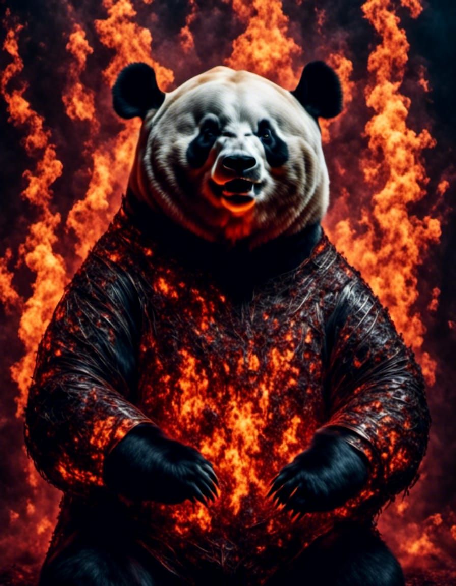 Flaming Panda Portrait in Surreal Microphotography Style