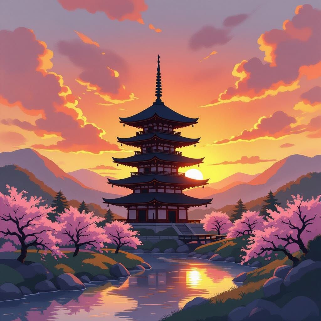 Pagoda Silhouette at Sunset in Watercolor Style