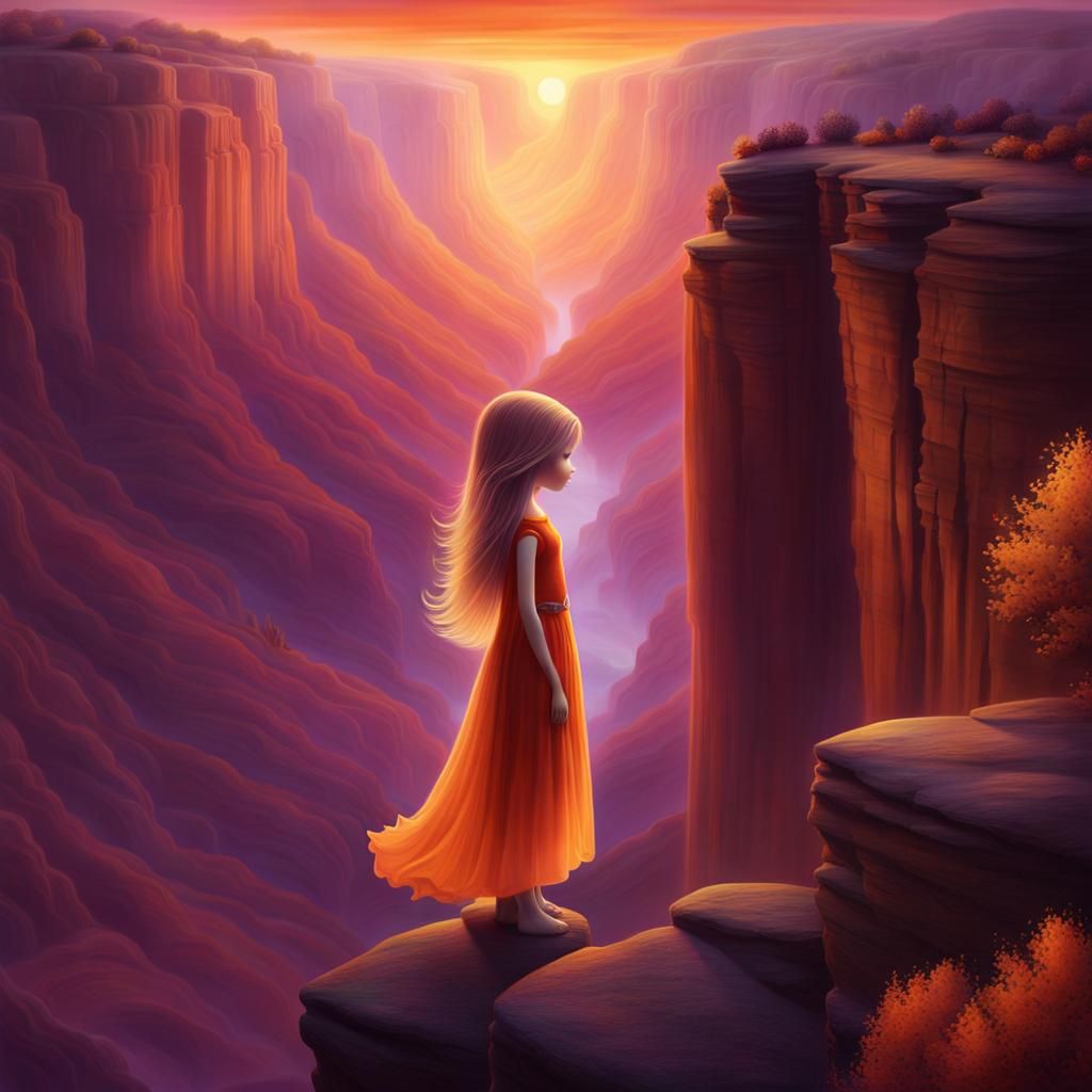 Surreal Silhouetted Woman Overlooks Enchanted Canyon at Suns...