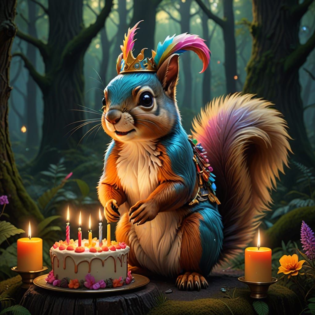 Whimsical Fantasy Squirrel Celebrates Birthday in Vibrant Oi...