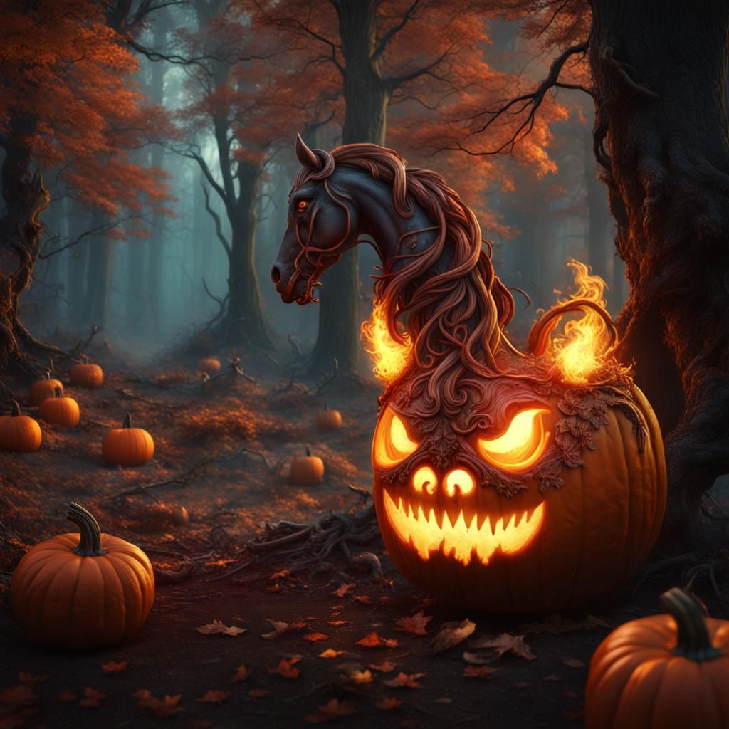Surreal Horse Emerges from a Burning Pumpkin in a Haunting F...