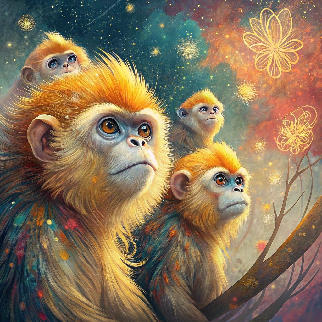 Golden Snub-nosed Monkeys in Vibrant, Ethereal Surroundings